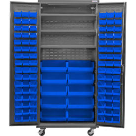 E-Locking Configurable Mobile Bin Cabinet, 36x24x85, 3 Shelves, 108 Blue Bins
