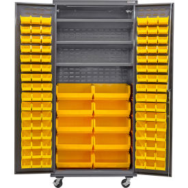 E-Locking Configurable Mobile Bin Cabinet, 36x24x85, 3 Shelves, 108 Yellow Bins