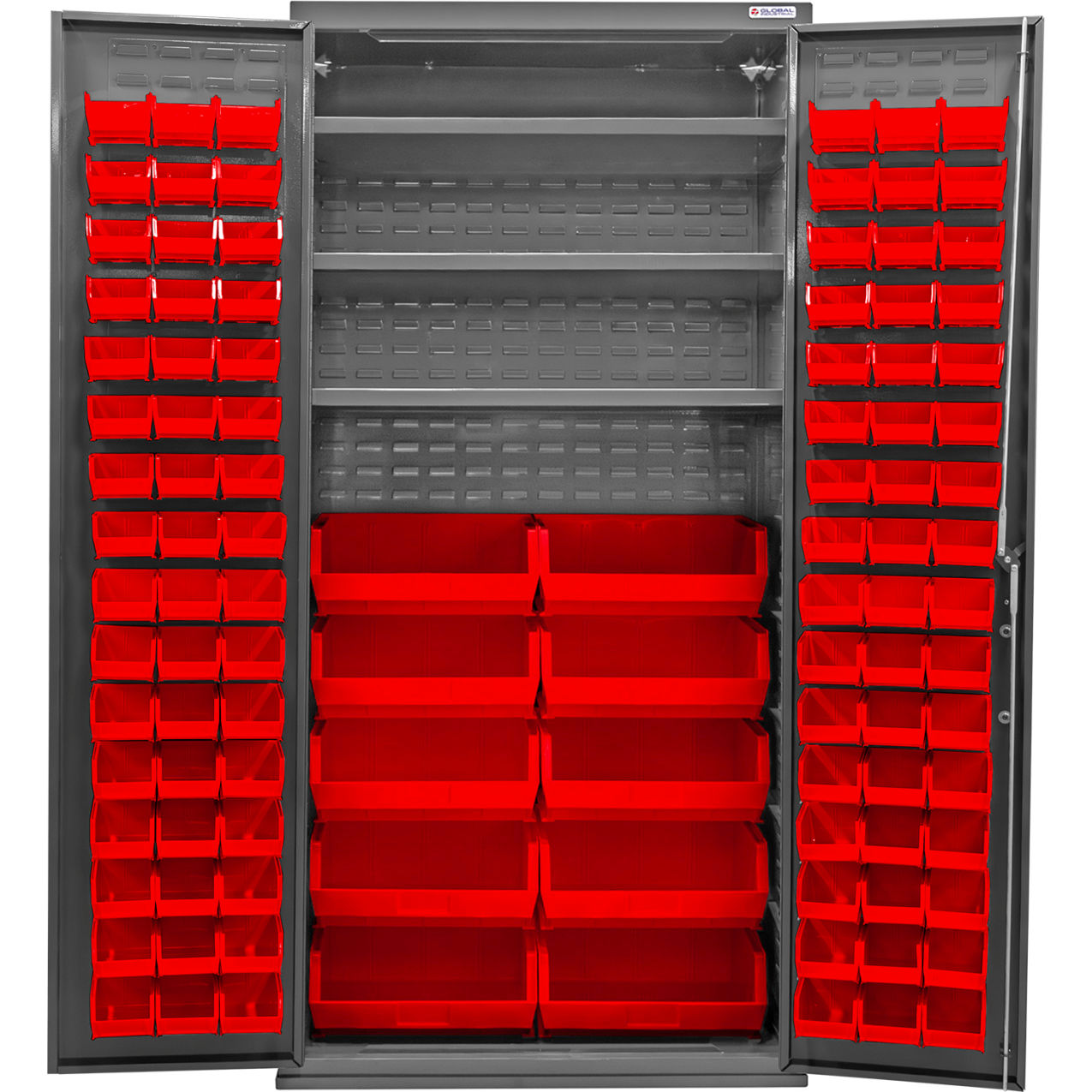 E-Locking Configurable Bin Cabinet, 36"Wx24"Dx78"H, 3 Shelves, 108 Red Bins