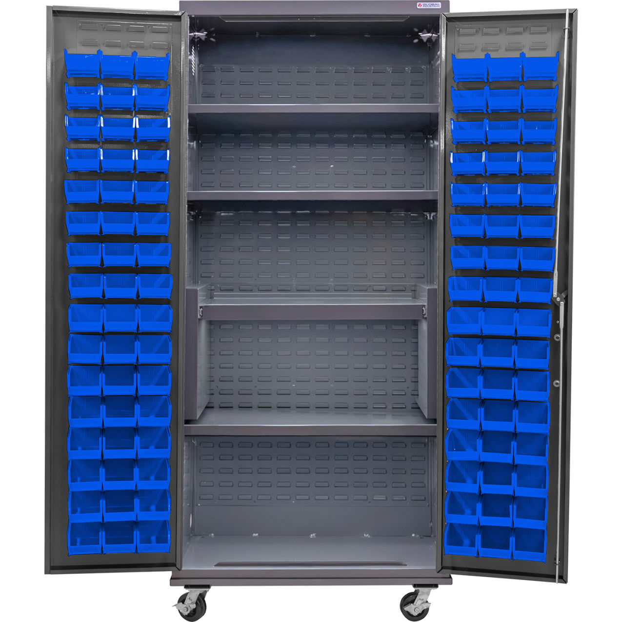 E-Locking Configurable Mobile Bin Cabinet, 36"Wx24"Dx85"H, 4 Shelves, 96 BL Bins
