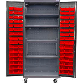 E-Locking Configurable Mobile Bin Cabinet, 36"Wx24"Dx85"H, 4 Shelves, 96 Red Bins