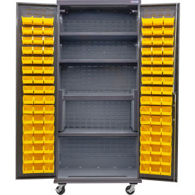 E-Locking Configurable Mobile Bin Cabinet, 36"Wx24"Dx85"H, 4 Shelves, 96 Yellow Bins