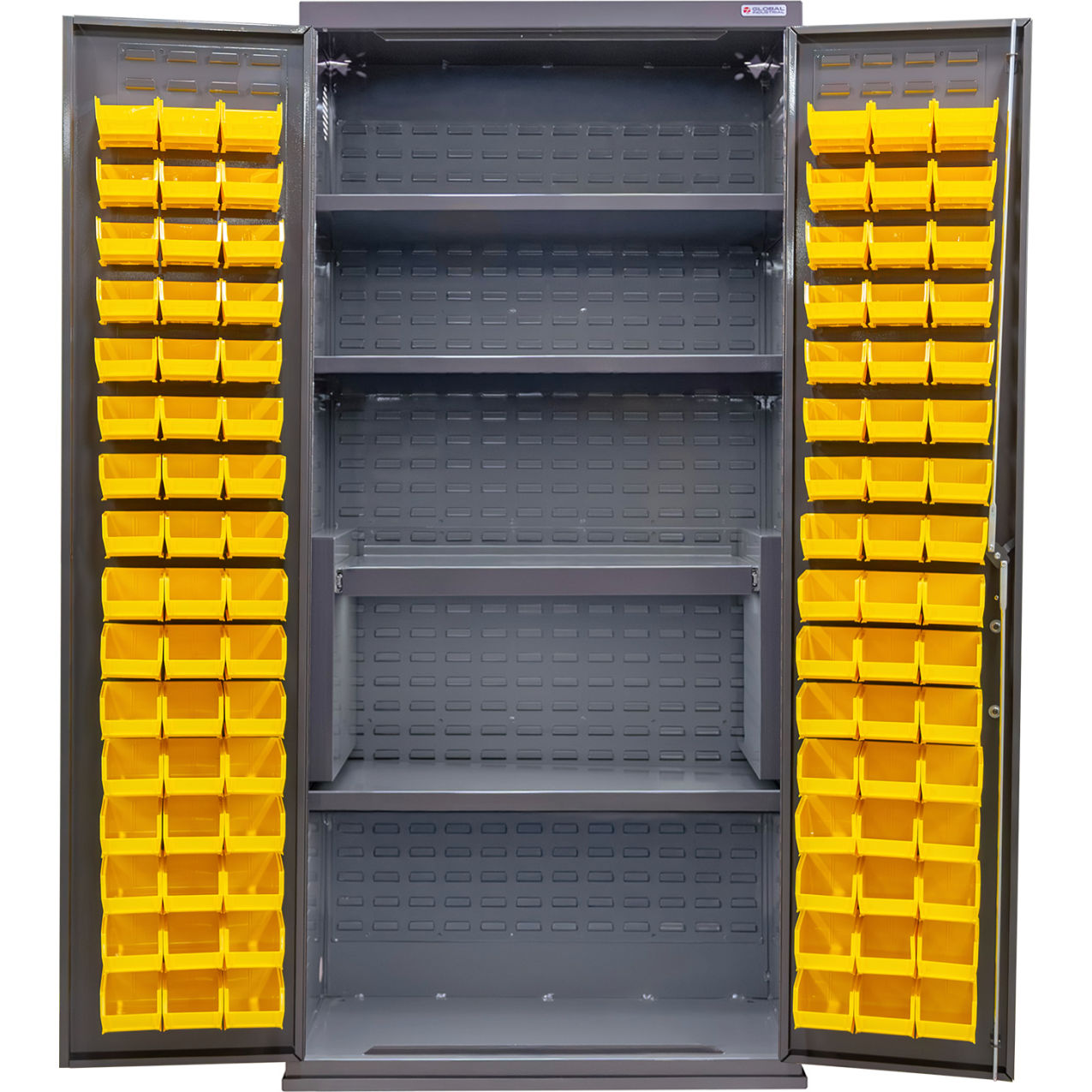 E-Locking Configurable Bin & Shelf Cabinet, 36"x24"x78", 4 Shelves, 96 YLW Bins