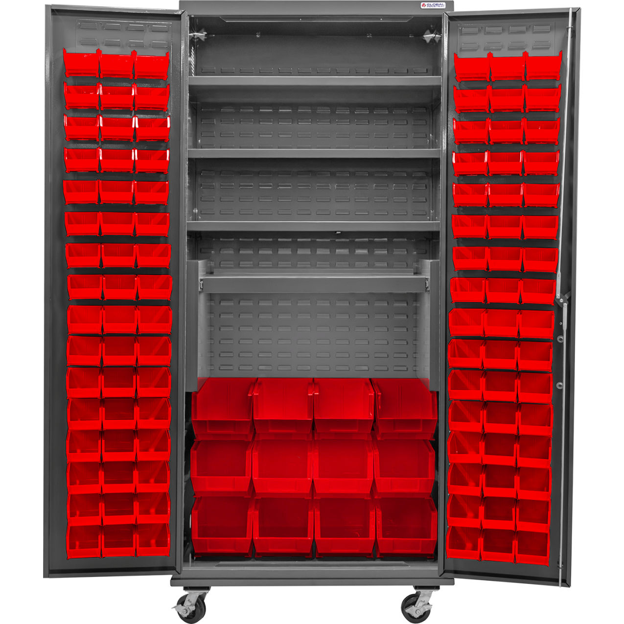 E-Locking Configurable Mobile Bin Cabinet, 36"x24"x85", 4 Shelves, 108 Red Bins