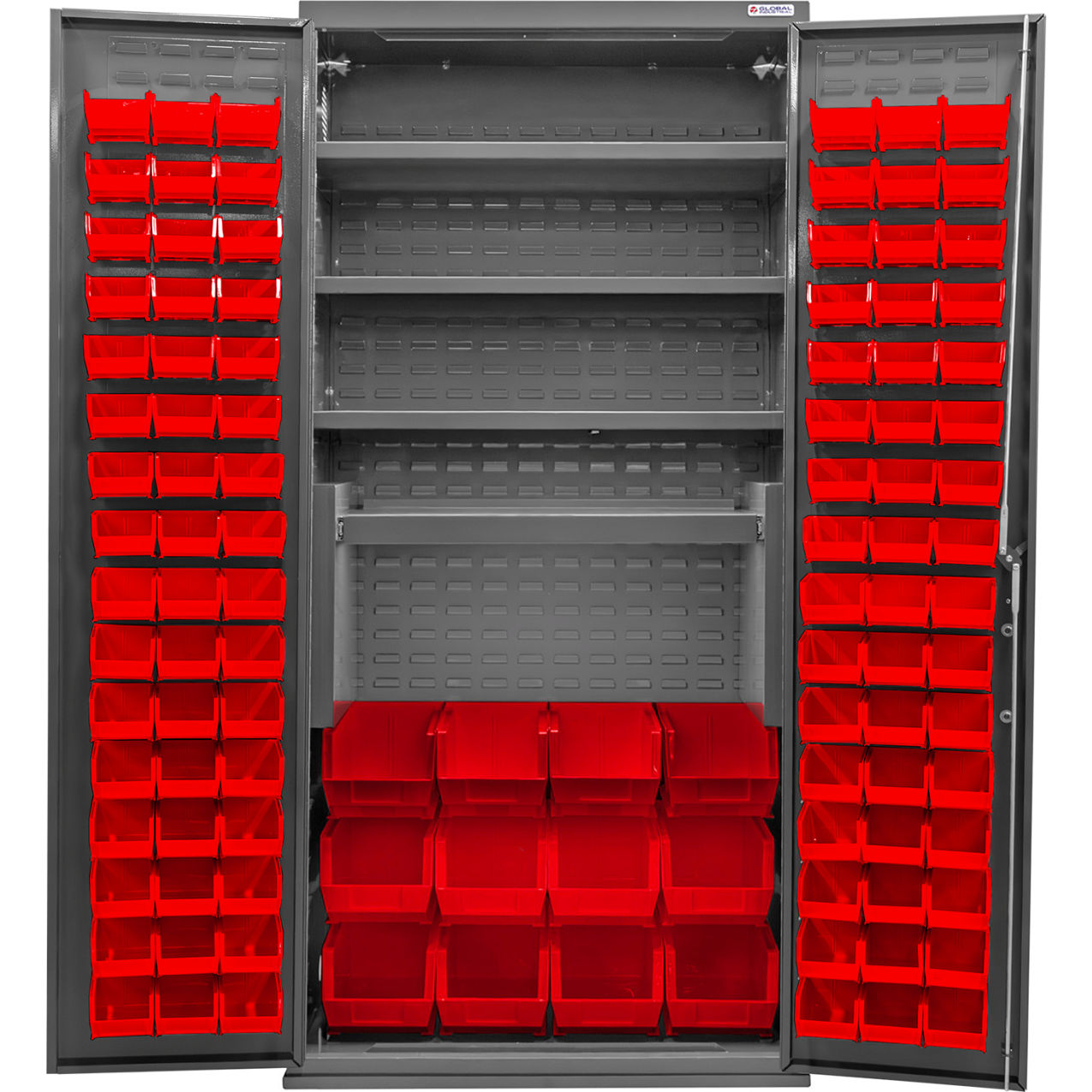 E-Locking Configurable Bin Cabinet, 36"Wx24"Dx78"H, 4 Shelves, 108 Red Bins
