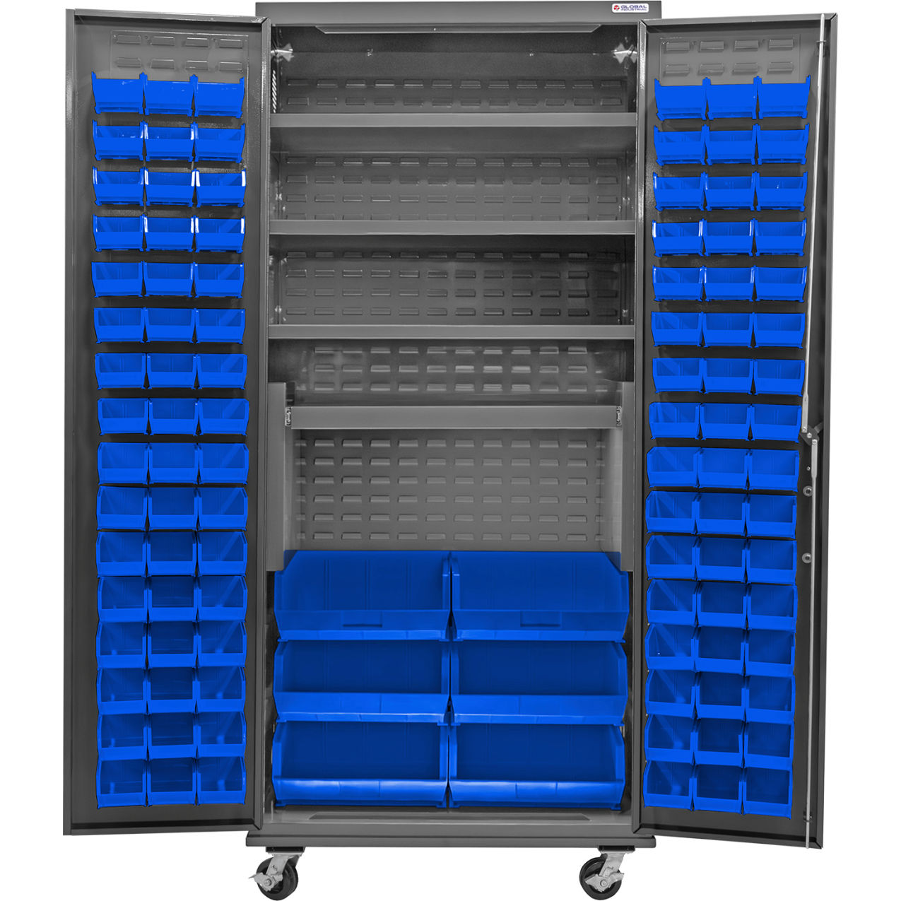 E-Locking Configurable Mobile Bin Cabinet, 36x24x85, 4 Shelves, 102 Blue Bins