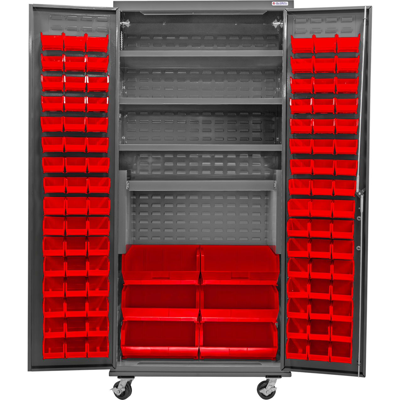 E-Locking Configurable Mobile Bin Cabinet, 36x24x85, 4 Shelves, 102 Red Bins