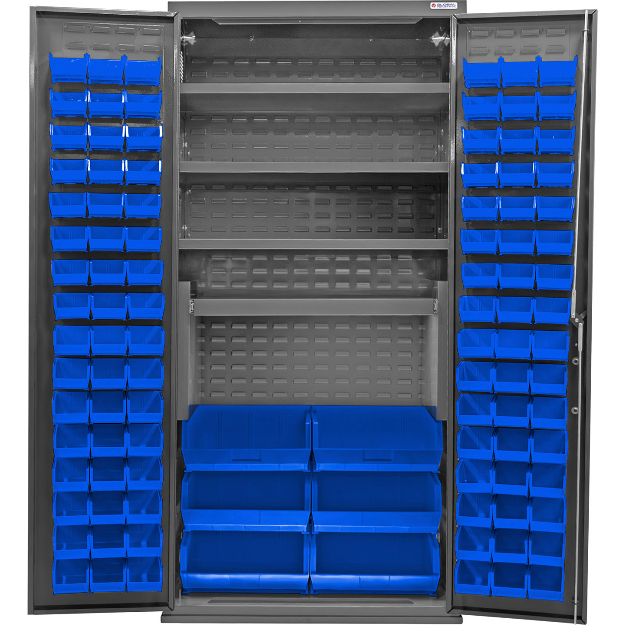 E-Locking Configurable Bin Cabinet, 36"Wx24"Dx78"H, 4 Shelves, 102 Blue Bins
