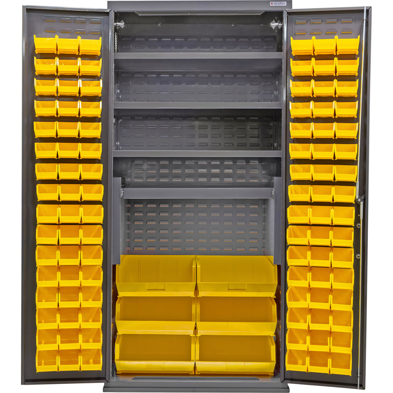 E-Locking Configurable Bin Cabinet, 36"Wx24"Dx78"H, 4 Shelves, 102 Yellow Bins