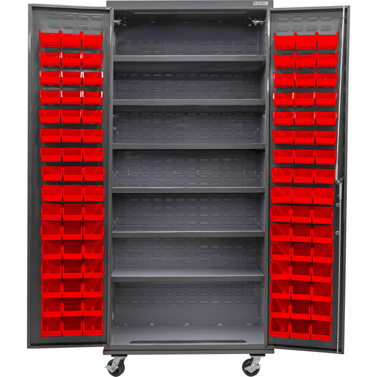 E-Locking Configurable Mobile Bin Cabinet, 36"Wx24"Dx85"H, 96 Red Bins, 6 Shelves
