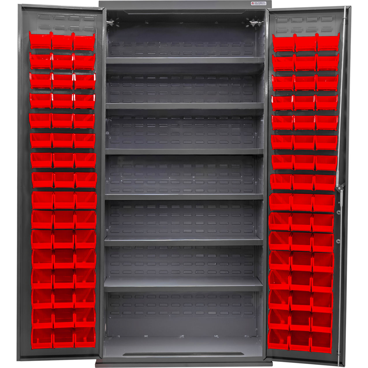 E-Locking Configurable Bin & Shelf Cabinet, 36"x24"x78", 6 Shelves, 96 Red Bins