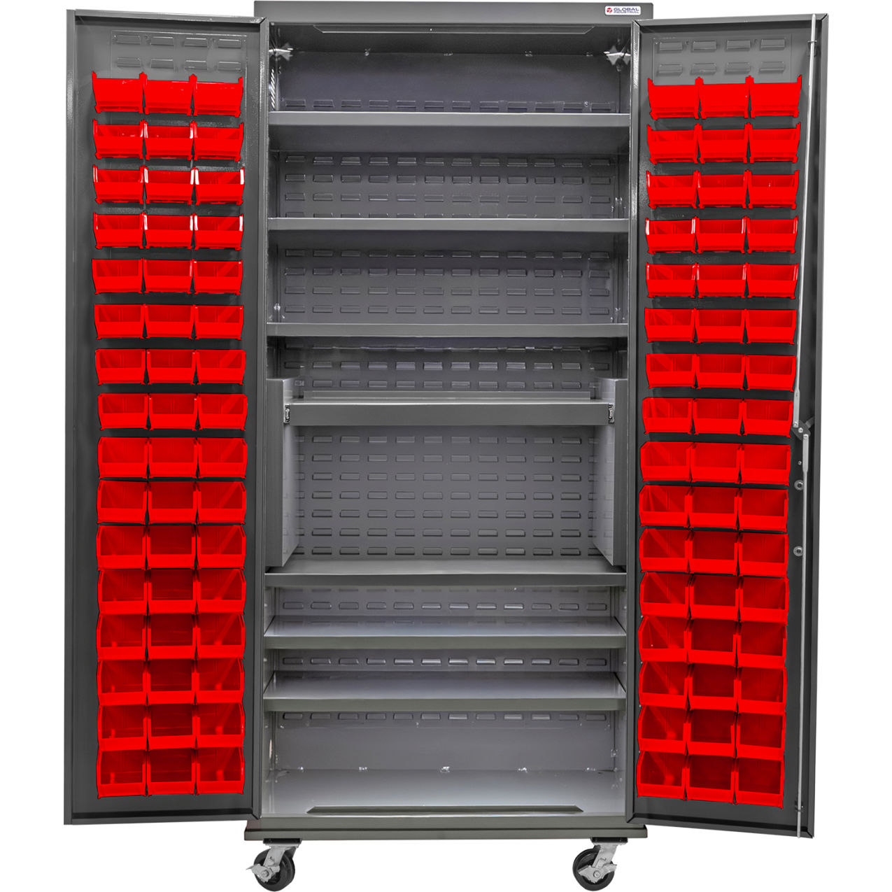 E-Locking Configurable Mobile Bin Cabinet, 36"Wx24"Dx85"H, 7 Shelves, 96 Red Bins