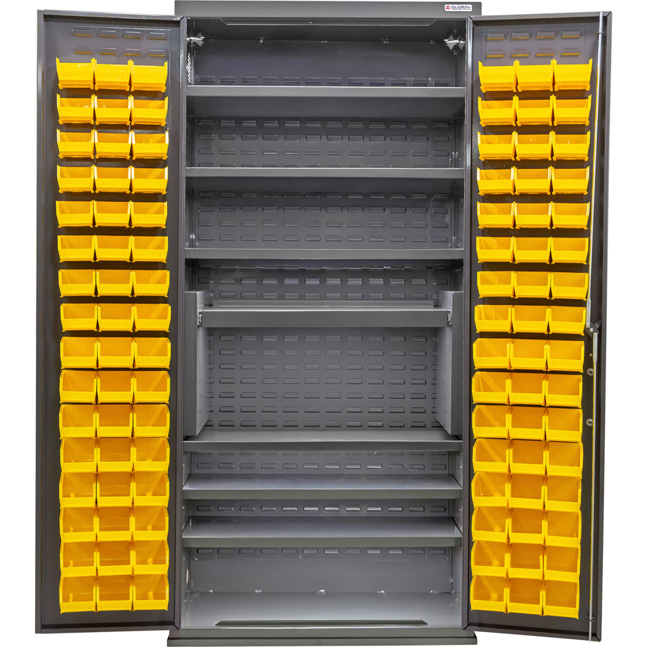 E-Locking Configurable Bin & Shelf Cabinet, 36"x24"x78", 7 Shelves, 96 YLW Bins