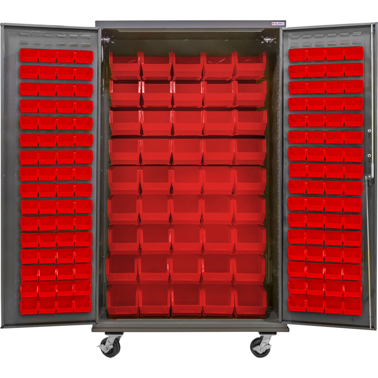 E-Locking Configurable Mobile Bin Cabinet, 48"W x 24"D x 85"H, 168 Red Bins