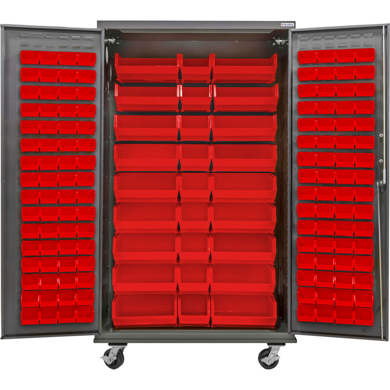 E-Locking Configurable Mobile Bin Cabinet, 48"W x 24"D x 85"H, 150 Red Bins
