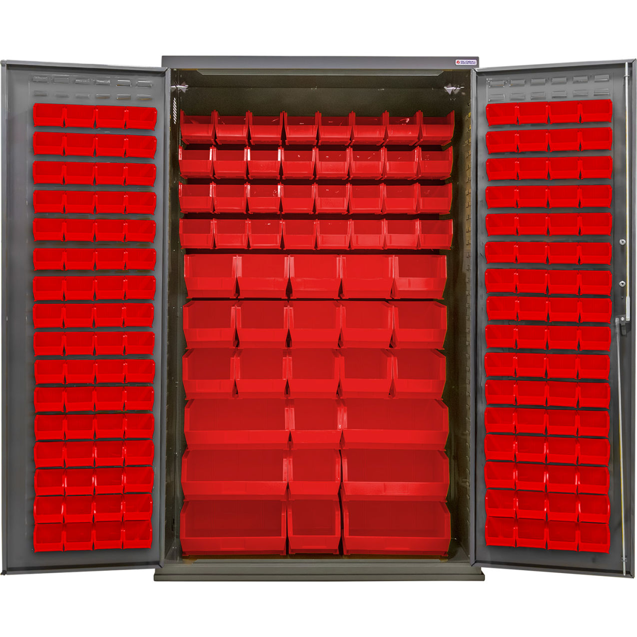 E-Locking Configurable Bin Cabinet, 48"W x 24"D x 78"H, 210 Red Bins