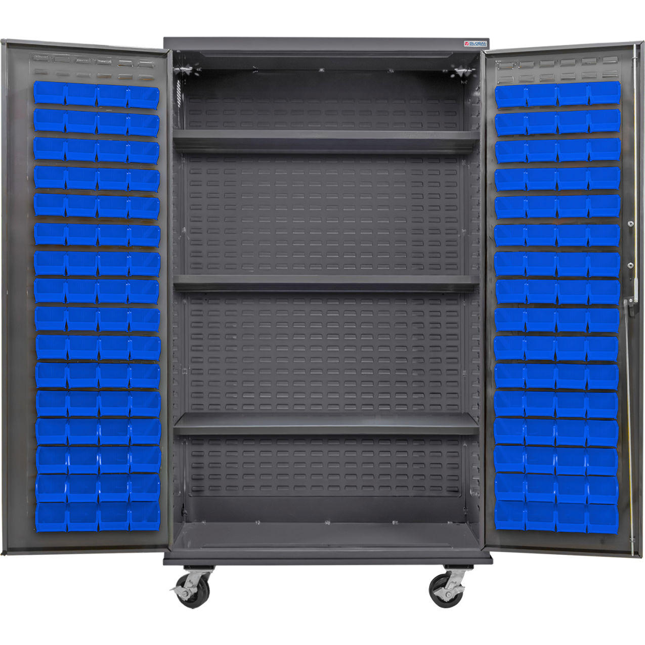 E-Locking Configurable Mobile Bin Cabinet, 48"x24"x85", 3 Shelves, 120 Blue Bins