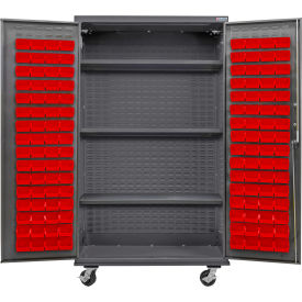 E-Locking Configurable Mobile Bin Cabinet, 48"x24"x85", 3 Shelves, 120 Red Bins