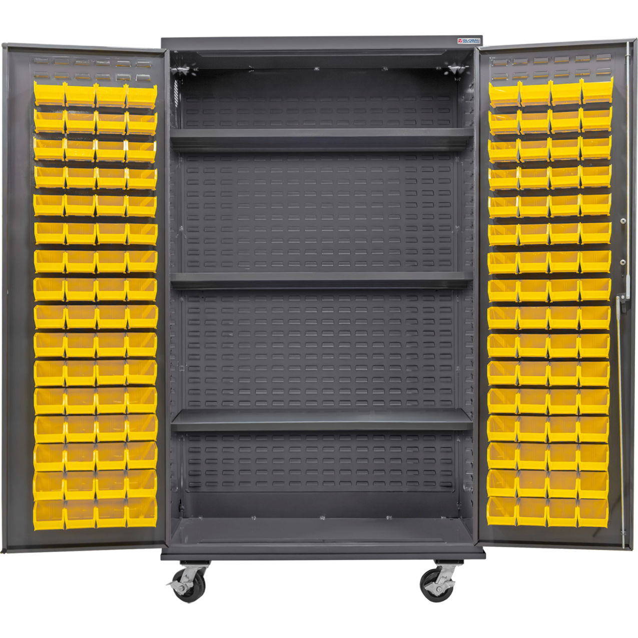 E-Locking Configurable Mobile Bin Cabinet, 48"x24"x85", 3 Shelves, 120 YLW Bins