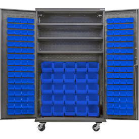 E-Locking Configurable Mobile Bin Cabinet, 48"x24"x85", 3 Shelves, 156 Blue Bins