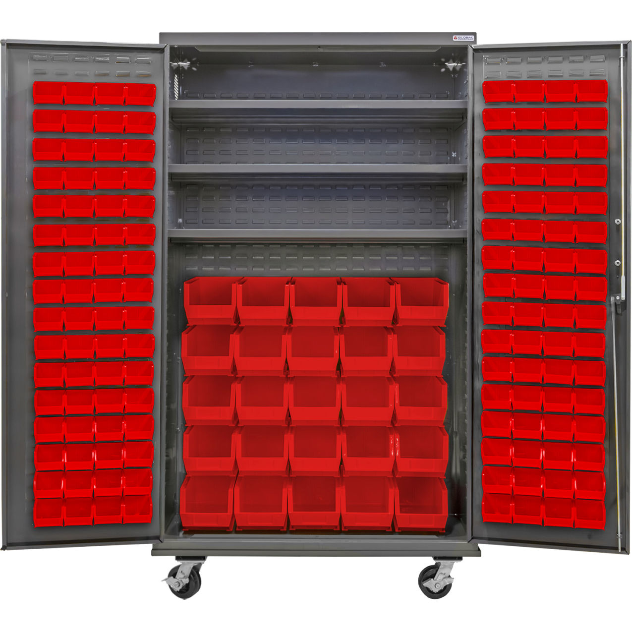 E-Locking Configurable Mobile Bin Cabinet, 48"x24"x85", 3 Shelves, 156 Red Bins
