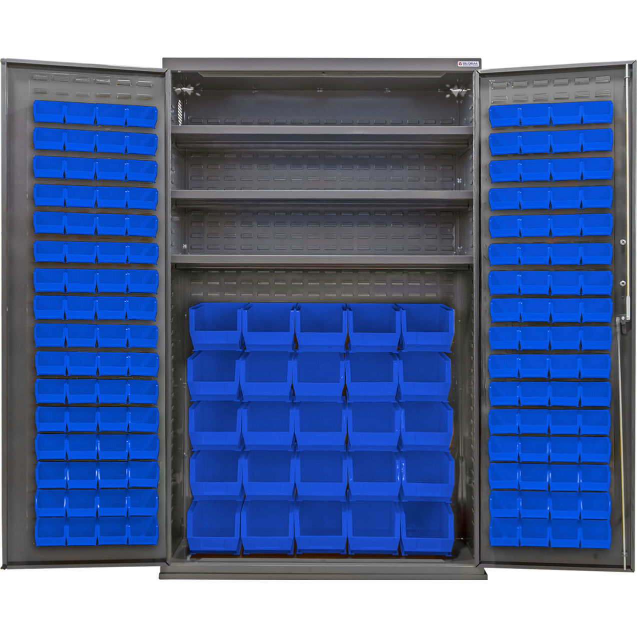 E-Locking Configurable Bin Cabinet, 48"Wx24"Dx78"H, 3 Shelves, 156 Blue Bins