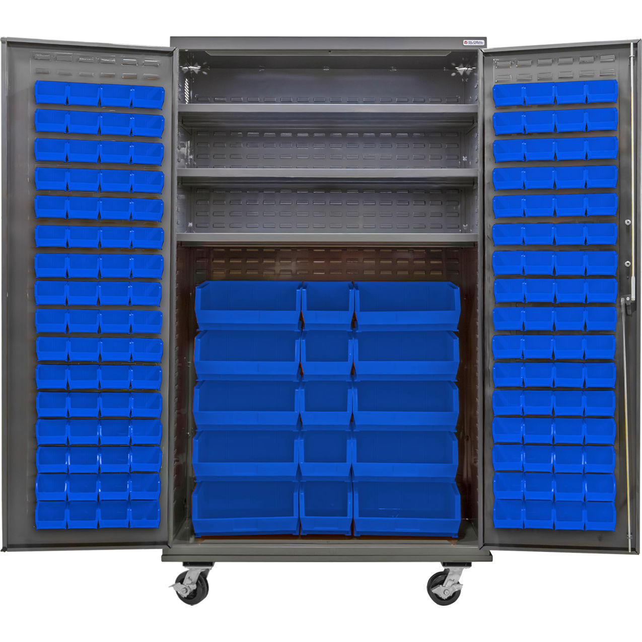 E-Locking Configurable Mobile Bin Cabinet, 48x24x85, 3 Shelves, 144 Blue Bins