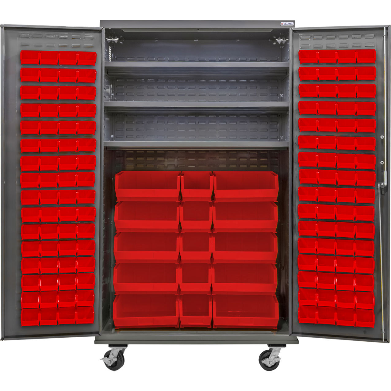 E-Locking Configurable Mobile Bin Cabinet, 48x24x85, 3 Shelves, 144 Red Bins