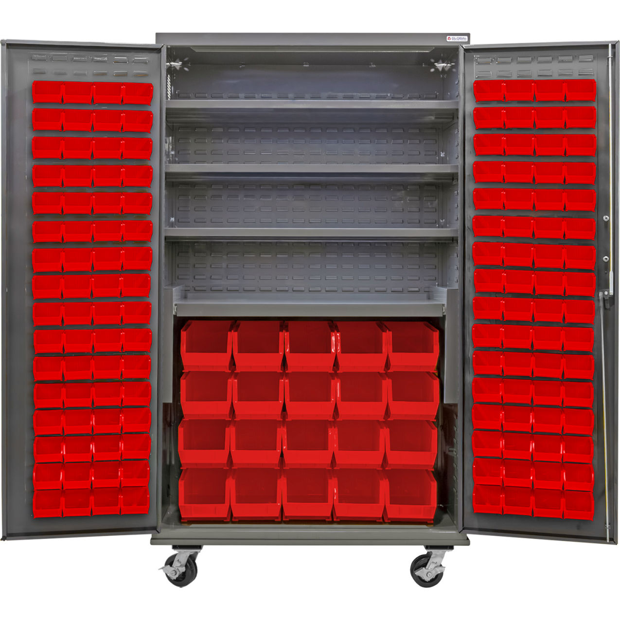 E-Locking Configurable Mobile Bin Cabinet, 48"x24"x85", 4 Shelves, 144 Red Bins