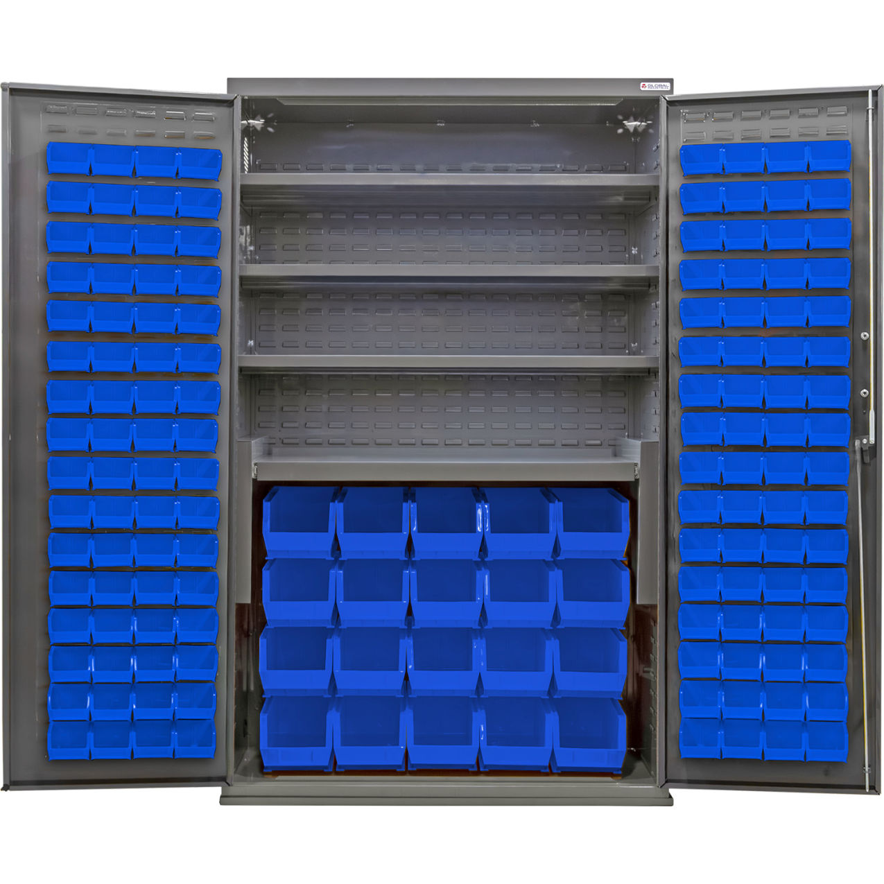E-Locking Configurable Bin Cabinet, 48"Wx24"Dx78"H, 4 Shelves, 144 Blue Bins