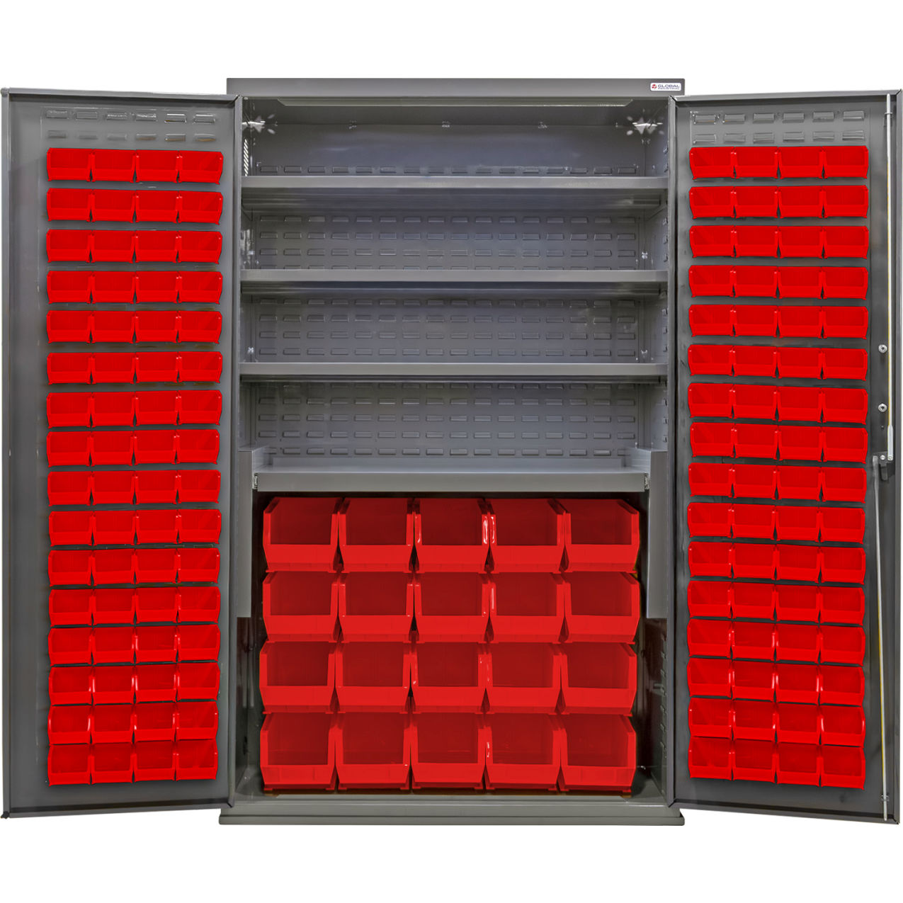 E-Locking Configurable Bin Cabinet, 48"Wx24"Dx78"H, 4 Shelves, 144 Red Bins