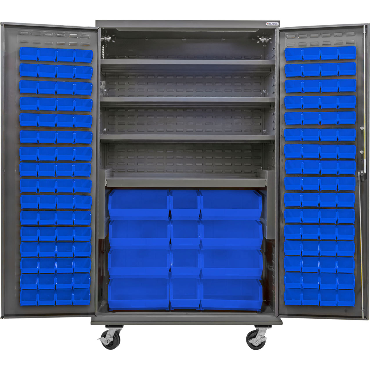 E-Locking Configurable Mobile Bin Cabinet, 48x24x85, 4 Shelves, 144 Blue Bins