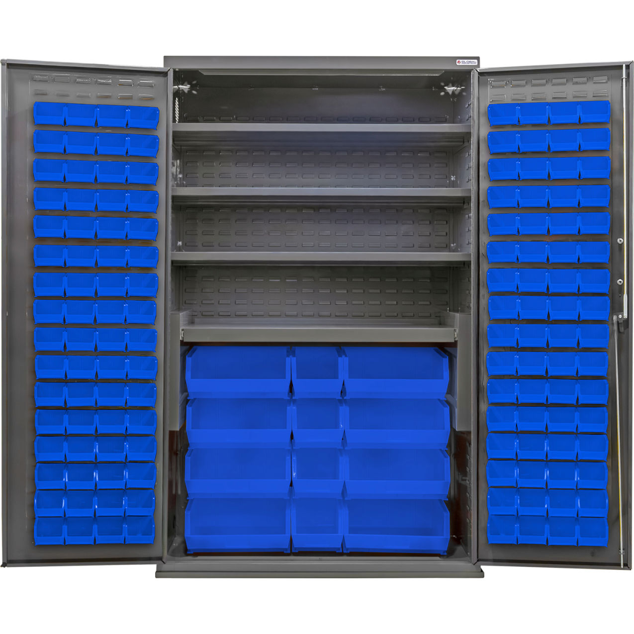 E-Locking Configurable Bin Cabinet, 48"Wx24"Dx78"H, 4 Shelves, 144 Blue Bins