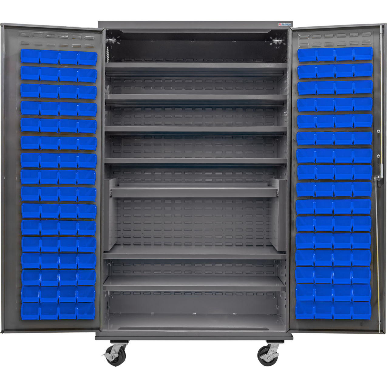 E-Locking Configurable Mobile Bin Cabinet, 48"x24"x85", 7 Shelves, 120 Blue Bins