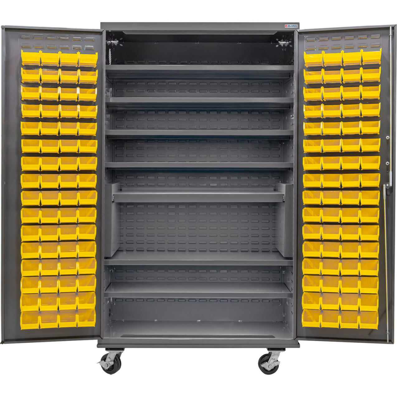 E-Locking Configurable Mobile Bin Cabinet, 48"x24"x85", 7 Shelves, 120 YLW Bins