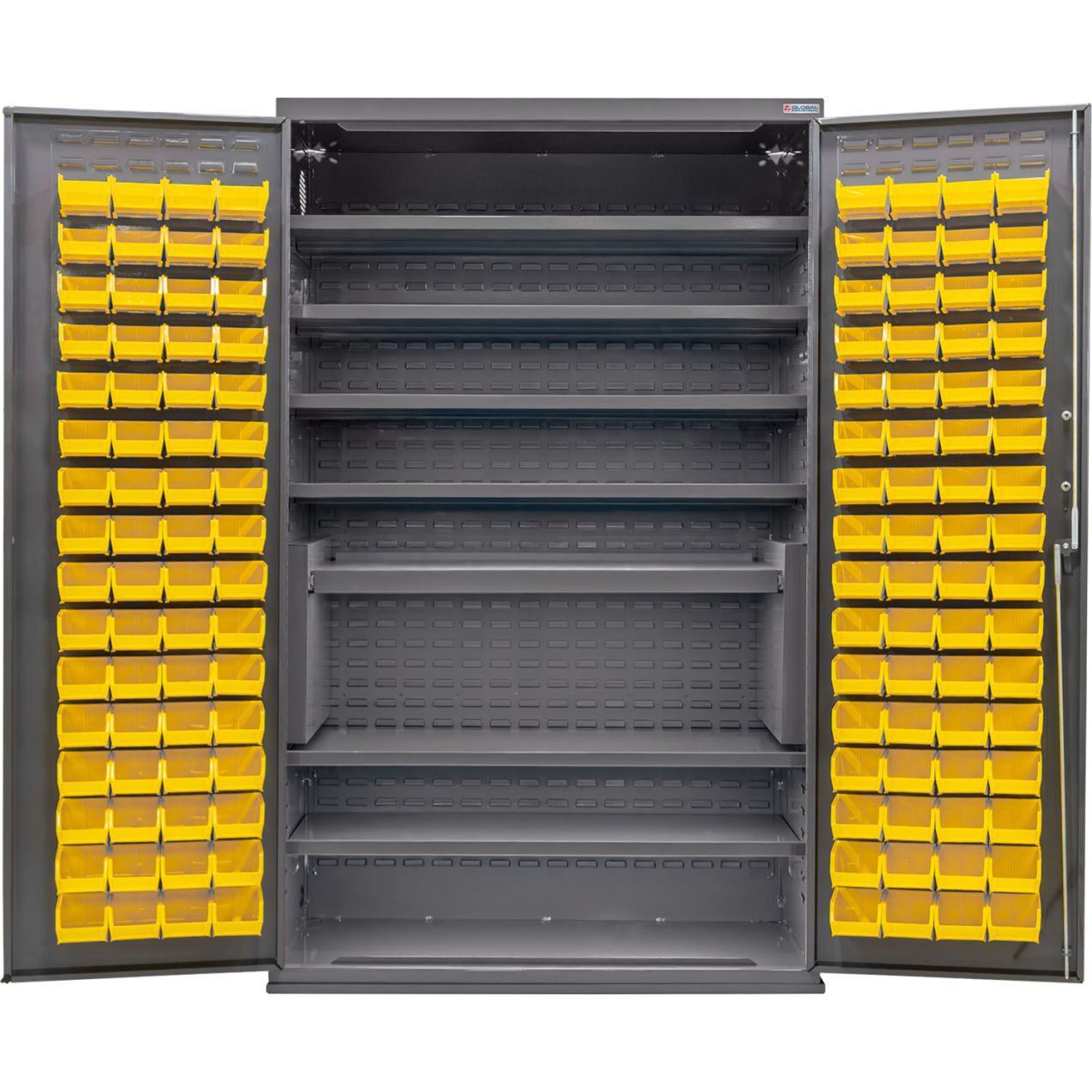 E-Locking Configurable Bin & Shelf Cabinet, 48"x24"x78", 7 Shelves, 120 YLW Bins