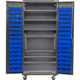 E-Locking Configurable Mobile Charging Cabinet, 36x24x85, 7 Shelves, 96 Blue Bins