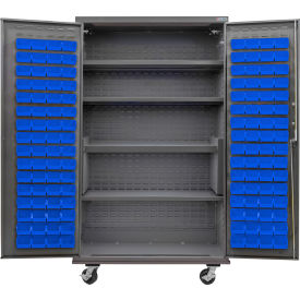 E-Locking Configurable Mobile Charging Cabinet 48x24x85, 120 Blue Bins, 4 Shelves