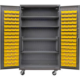 E-Locking Configurable Mobile Charging Cabinet, 48x24x85, 4 Shelves, 120 YLW Bins