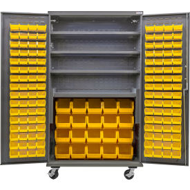 E-Locking Configurable Mobile Charging Cabinet, 48x24x85, 4 Shelves, 144 YLW Bins