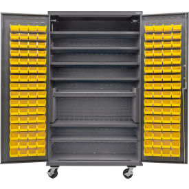 E-Locking Configurable Mobile Charging Cabinet, 48x24x85, 7 Shelves, 120 YLW Bins