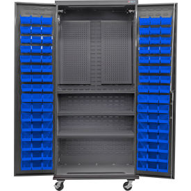 E-Locking Configurable Mobile Pegboard Cabinet, 36x24x85, 3 Shelves, 96 Blue Bins