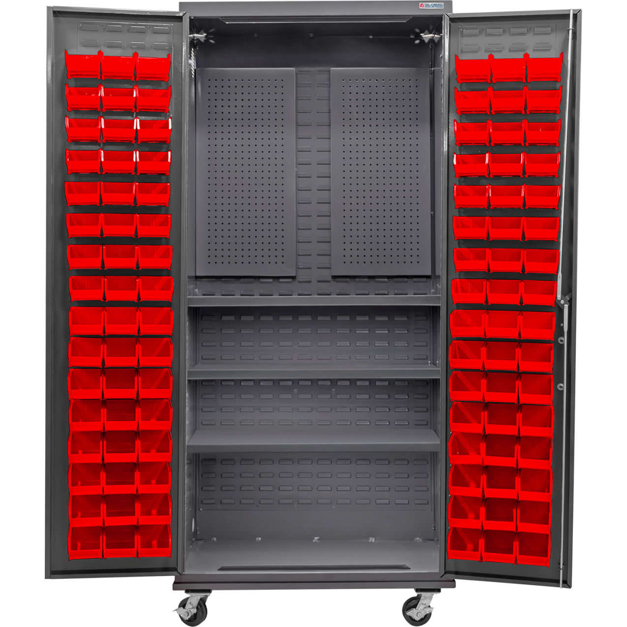 E-Locking Configurable Mobile Pegboard Cabinet, 36x24x85, 3 Shelves, 96 Red Bins