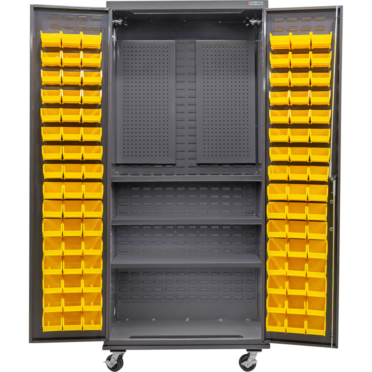 E-Locking Configurable Mobile Pegboard Cabinet, 36x24x85, 3 Shelves, 96 YLW Bins
