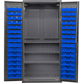 E-Locking Configurable Pegboard Cabinet, 36"Wx24"Dx78"H, 3 Shelves, 96 Blue Bins