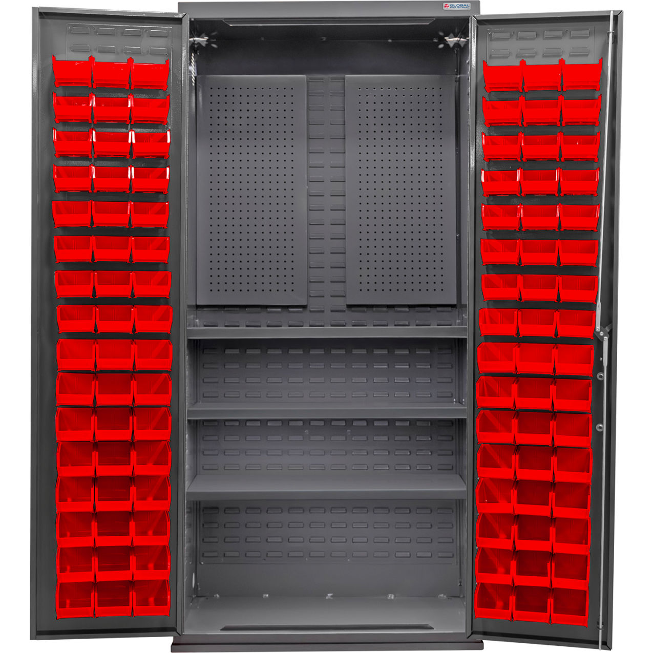 E-Locking Configurable Pegboard Cabinet, 36"Wx24"Dx78"H, 3 Shelves, 96 Red Bins