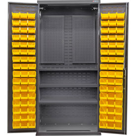 E-Locking Configurable Pegboard Cabinet, 36"Wx24"Dx78"H, 3 Shelves, 96 YLW Bins