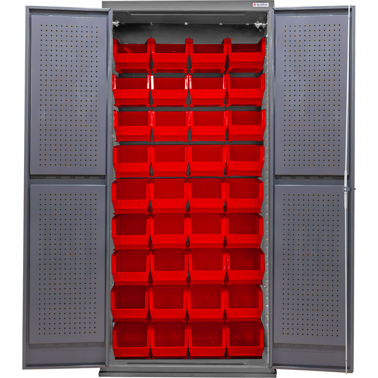 E-Locking Configurable Pegboard Cabinet, 36"W x 24"D x 78"H, 36 Red Bins