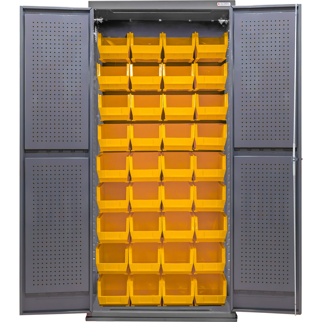 E-Locking Configurable Pegboard Cabinet, 36"W x 24"D x 78"H, 36 Yellow Bins