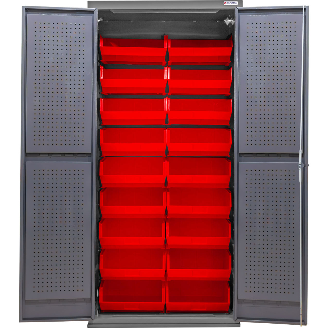 E-Locking Configurable Pegboard Cabinet, 36"W x 24"D x 78"H, 18 Red Bins